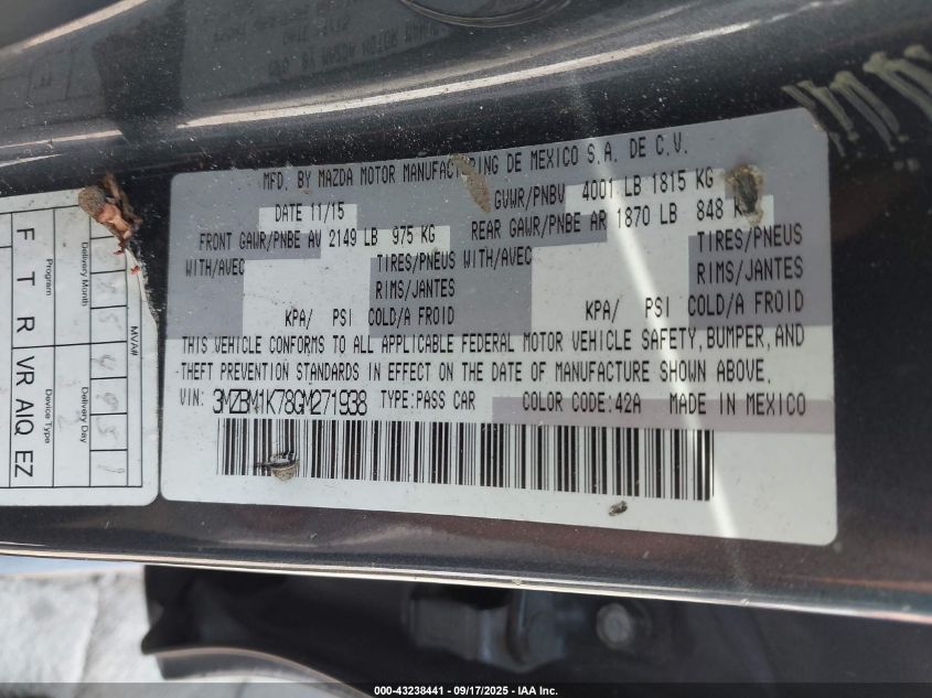 2016 Mazda Mazda3 I Sport VIN: 3MZBM1K78GM271938 Lot: 43238441