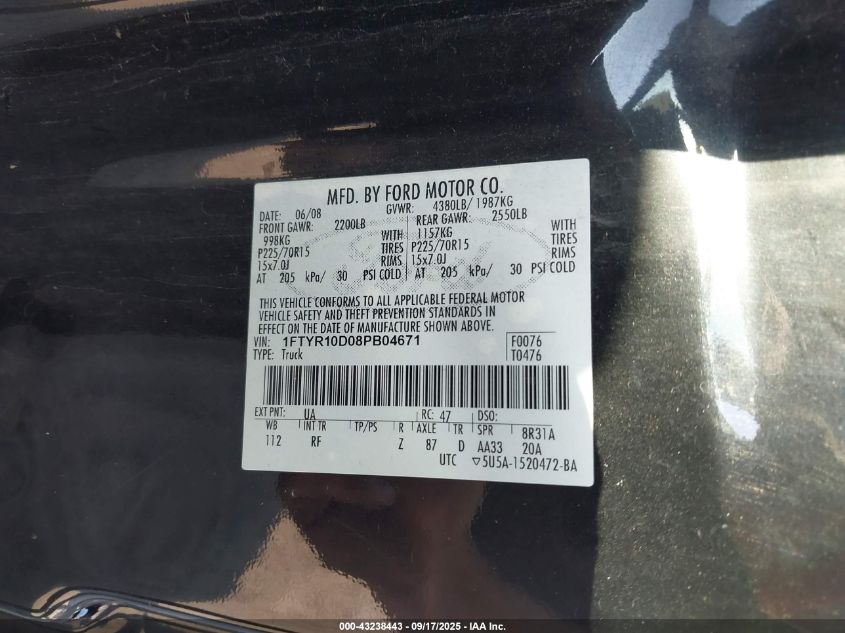 2008 Ford Ranger Xl/Xlt VIN: 1FTYR10D08PB04671 Lot: 43238443