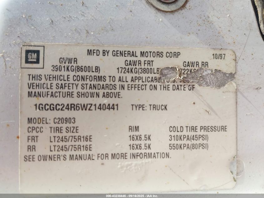 1998 Chevrolet C2500 Fleetside VIN: 1GCGC24R6WZ140441 Lot: 43238446