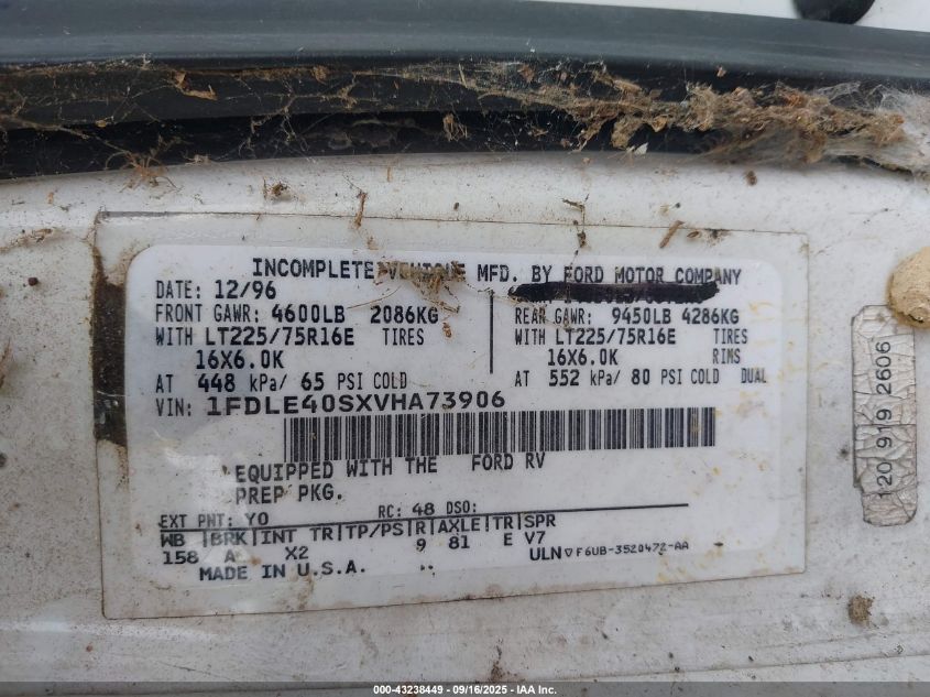 1997 Ford Econoline E450 Super Duty Cutwy Rv VIN: 1FDLE40SXVHA73906 Lot: 43238449