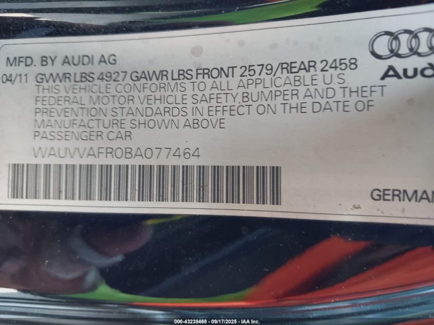2011 Audi S5 4.2 Premium Plus VIN: WAUVVAFR0BA077464 Lot: 43238468
