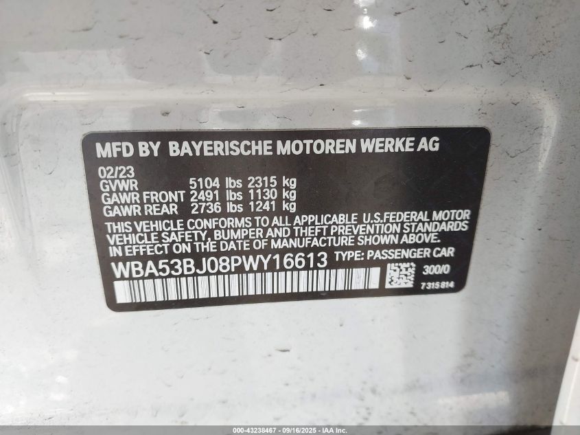 2023 BMW 540 I VIN: WBA53BJ08PWY16613 Lot: 43238467