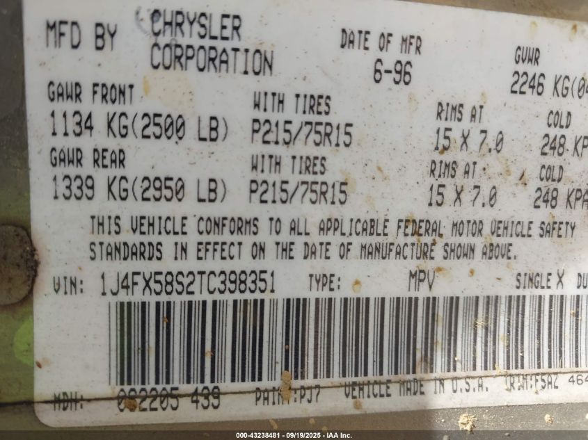 1996 Jeep Grand Cherokee Laredo VIN: 1J4FX58S2TC398351 Lot: 43238481