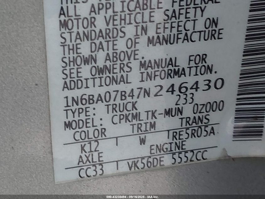 2007 Nissan Titan Se VIN: 1N6BA07B47N246430 Lot: 43238494