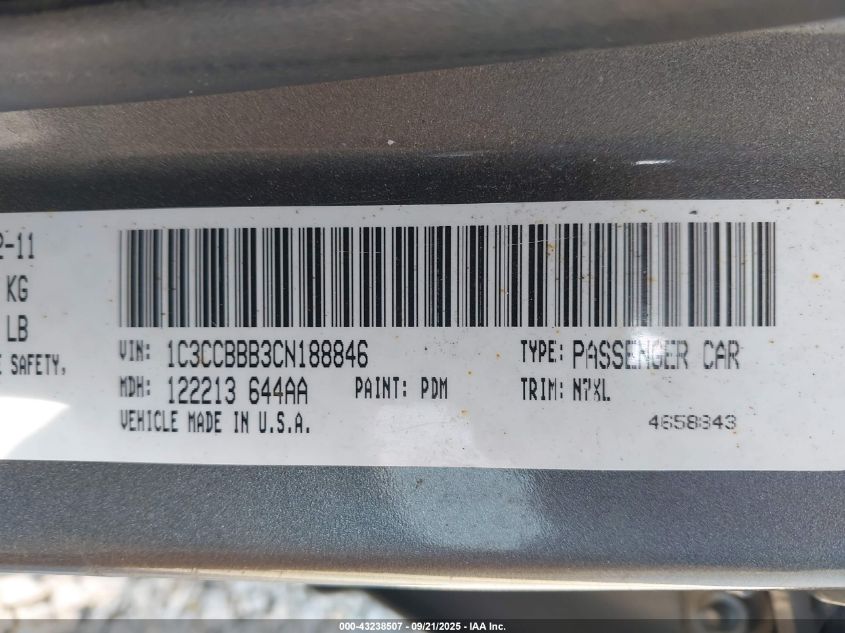 2012 Chrysler 200 Touring VIN: 1C3CCBBB3CN188846 Lot: 43238507