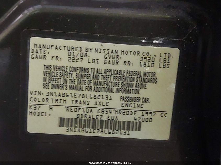 2008 Nissan Sentra 2.0S VIN: 3N1AB61E78L682131 Lot: 43238519