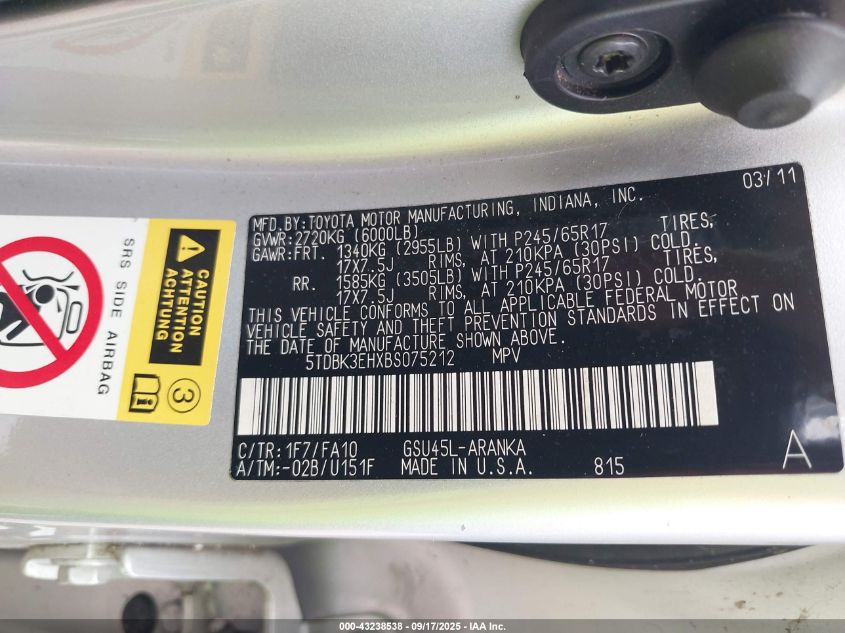 2011 Toyota Highlander Base V6 VIN: 5TDBK3EHXBS075212 Lot: 43238538