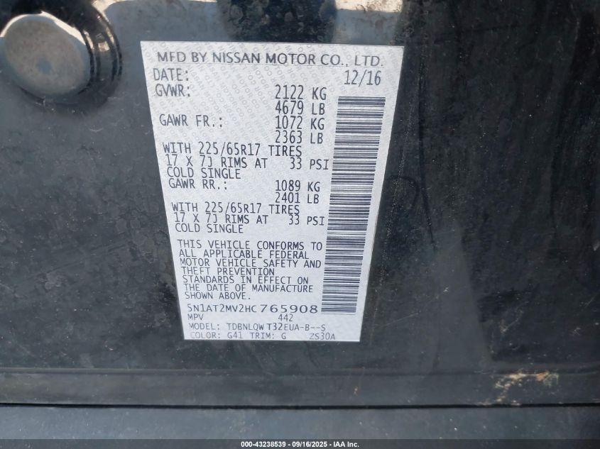 2017 Nissan Rogue Sv VIN: 5N1AT2MV2HC765908 Lot: 43238539