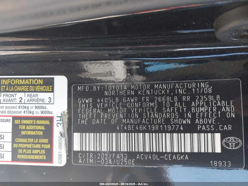 2009 Toyota Camry Xle VIN: 4T4BE46K19R119774 Lot: 43238549