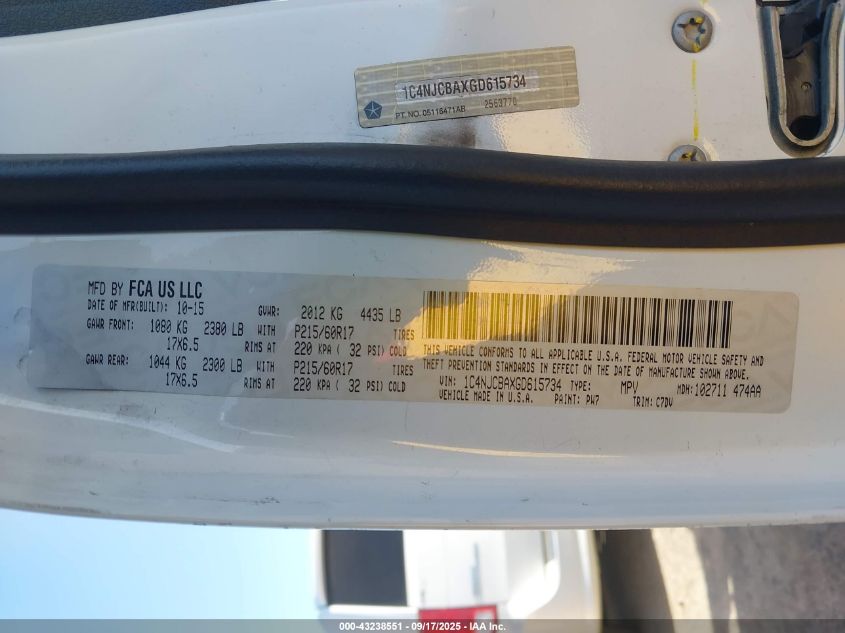 2016 Jeep Compass Sport VIN: 1C4NJCBAXGD615734 Lot: 43238551