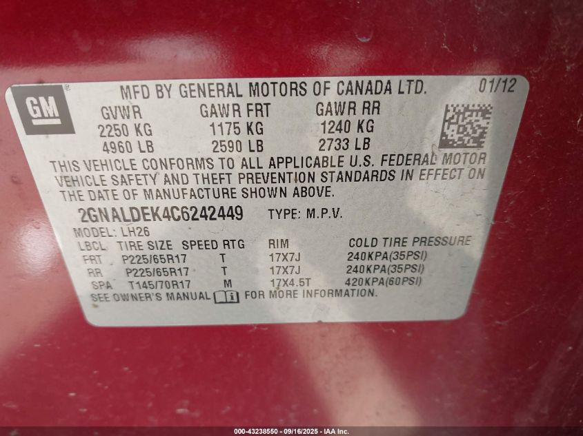 2012 Chevrolet Equinox 1Lt VIN: 2GNALDEK4C6242449 Lot: 43238550