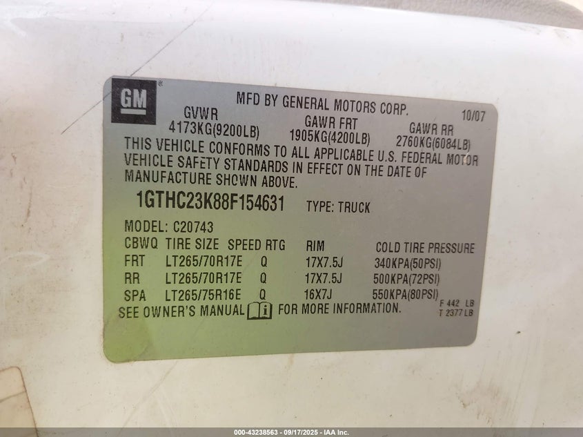 2008 GMC Sierra 2500Hd Sle1 VIN: 1GTHC23K88F154631 Lot: 43238563