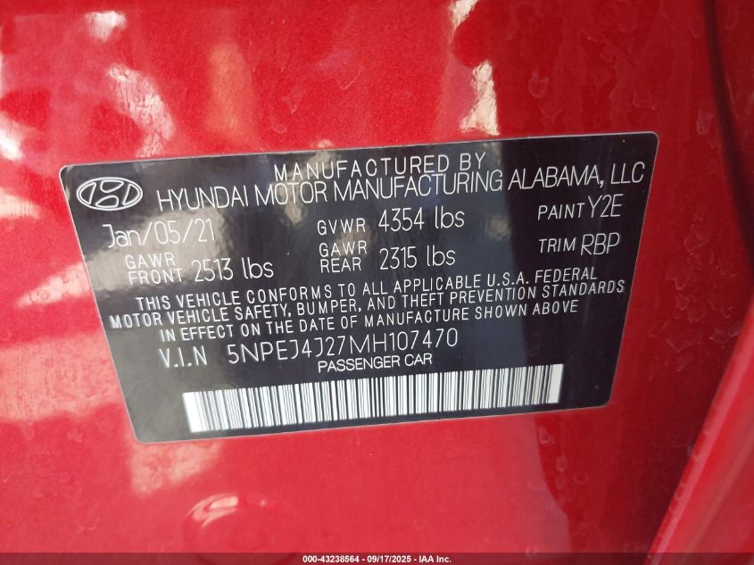 2021 Hyundai Sonata Sel Plus VIN: 5NPEJ4J27MH107470 Lot: 43238564