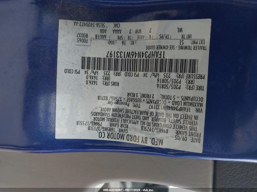 2006 Ford Focus Zx4 VIN: 1FAHP34N46W133197 Lot: 43238567