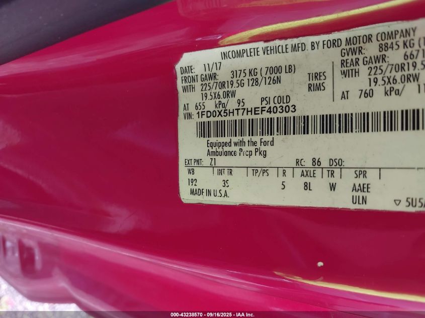 2017 Ford F-550 Chassis Super Duty VIN: 1FD0X5HT7HEF10303 Lot: 43238570