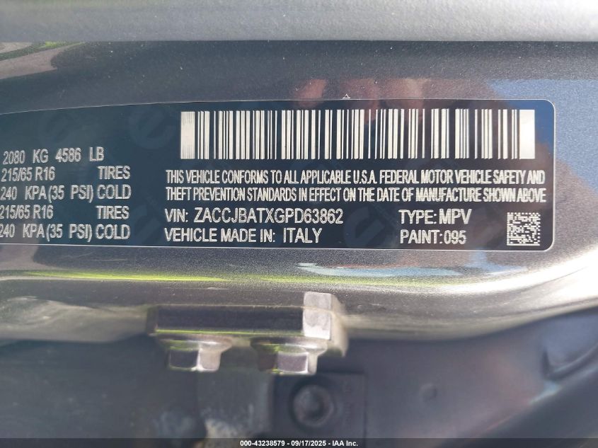 2016 Jeep Renegade Sport VIN: ZACCJBATXGPD63862 Lot: 43238579