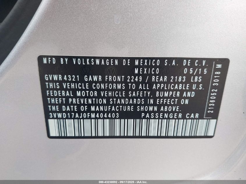 2015 Volkswagen Jetta 1.8T Se VIN: 3VWD17AJ0FM404403 Lot: 43238592