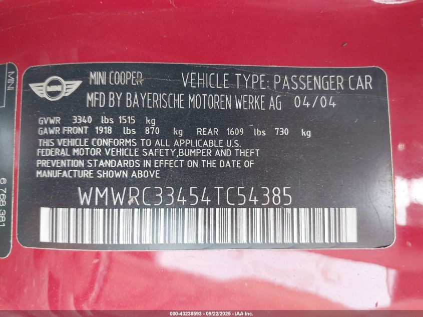 2004 Mini Cooper VIN: WMWRC33454TC54385 Lot: 43238593