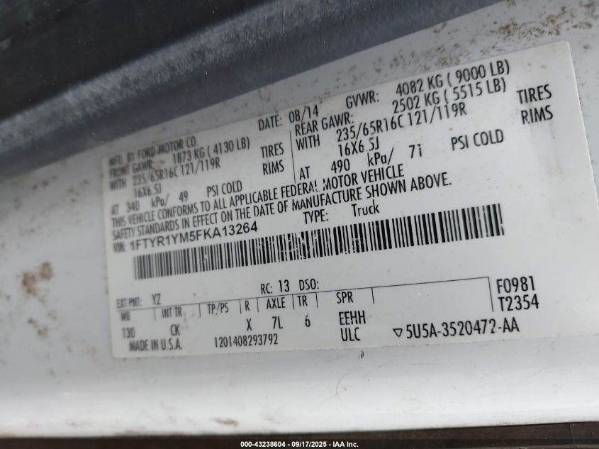 2015 Ford Transit-250 VIN: 1FTYR1YM5FKA13264 Lot: 43238604