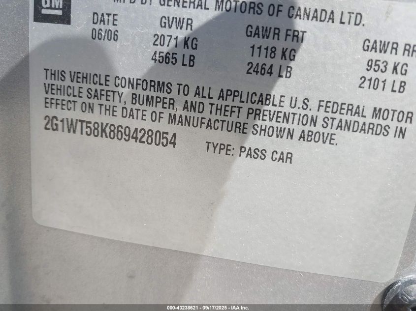 2006 Chevrolet Impala Lt VIN: 2G1WT58K869428054 Lot: 43238621