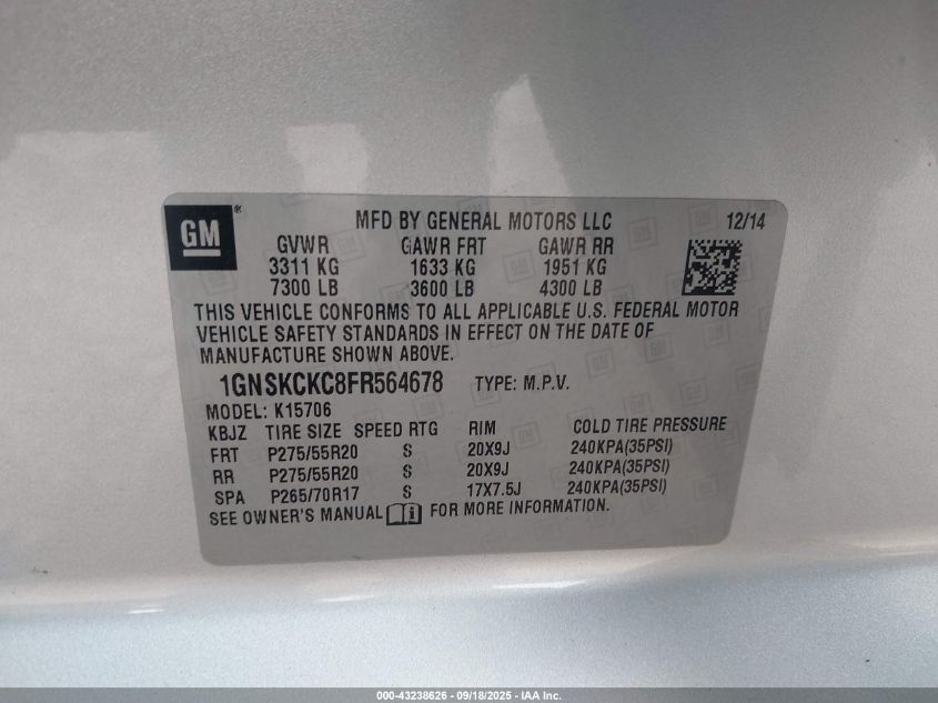 2015 Chevrolet Tahoe Ltz VIN: 1GNSKCKC8FR564678 Lot: 43238626