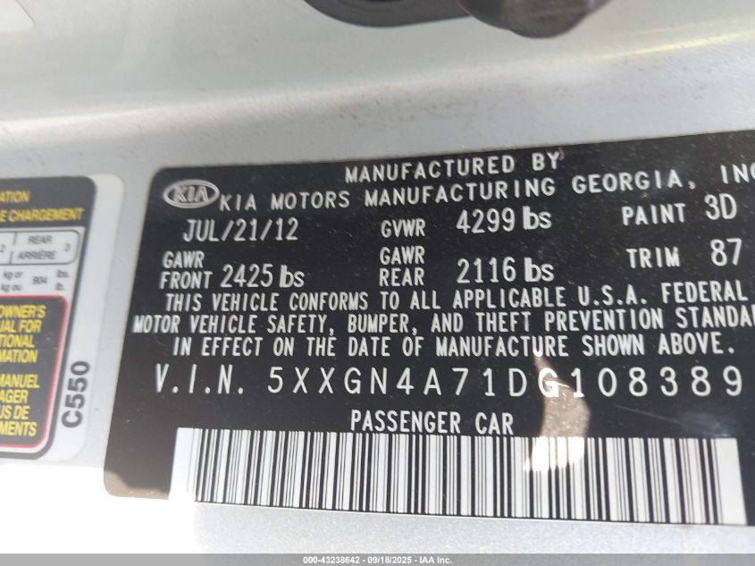 2013 Kia Optima Ex VIN: 5XXGN4A71DG108389 Lot: 43238642