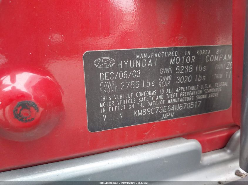 2004 Hyundai Santa Fe Gls/Lx VIN: KM8SC73E64U670517 Lot: 43238645