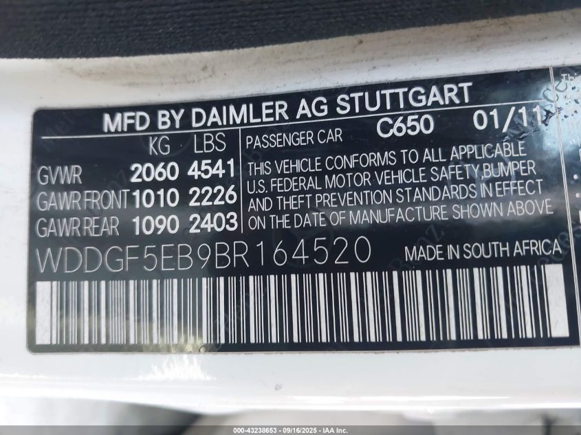 2011 Mercedes-Benz C 300 Luxury/Sport VIN: WDDGF5EB9BR164520 Lot: 43238653