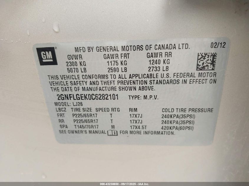 2012 Chevrolet Equinox Ltz VIN: 2GNFLGEK0C6282101 Lot: 43238658