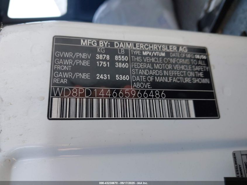 2006 Dodge Sprinter Wagon 2500 Shc VIN: WD8PD144665966486 Lot: 43238670