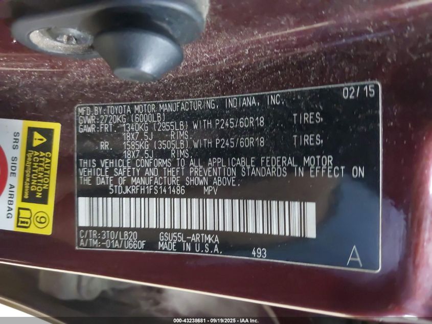 2015 Toyota Highlander Xle V6 VIN: 5TDJKRFH1FS141486 Lot: 43238681