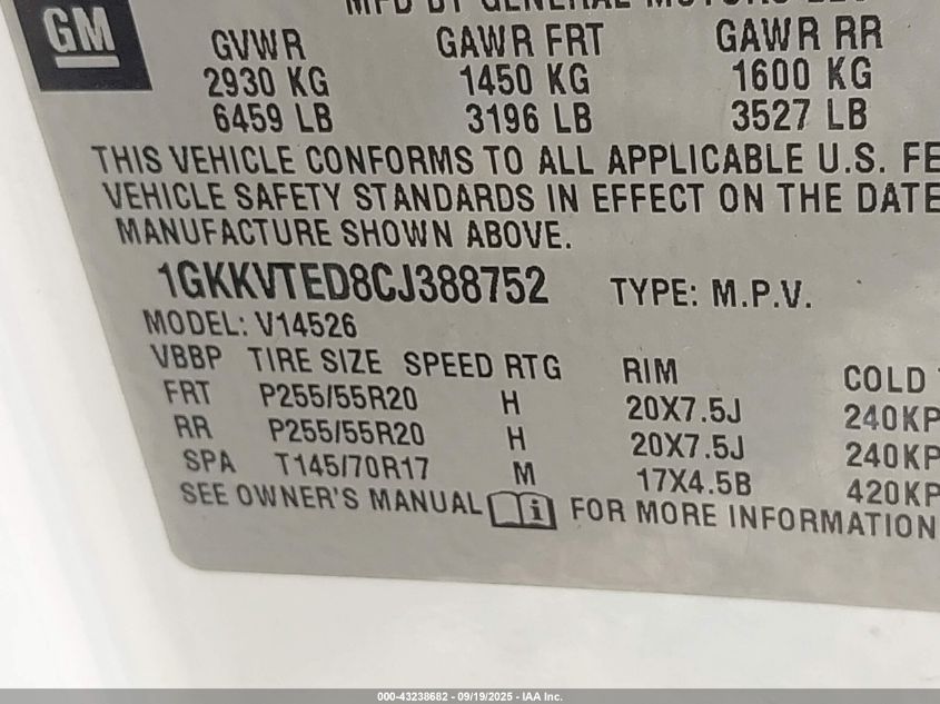 2012 GMC Acadia Denali VIN: 1GKKVTED8CJ388752 Lot: 43238682