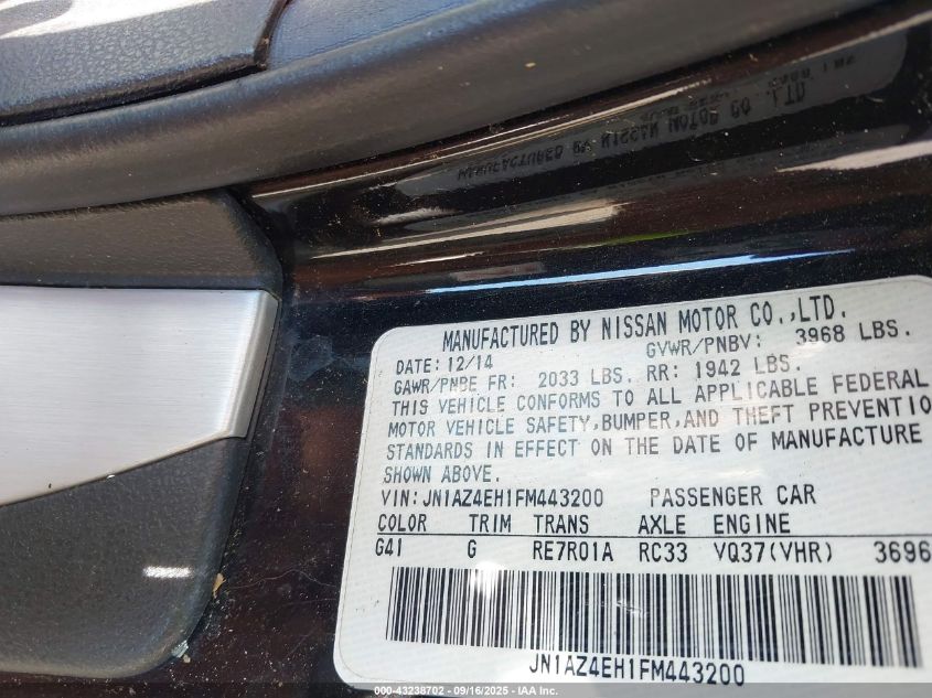 2015 Nissan 370Z Touring VIN: JN1AZ4EH1FM443200 Lot: 43238702