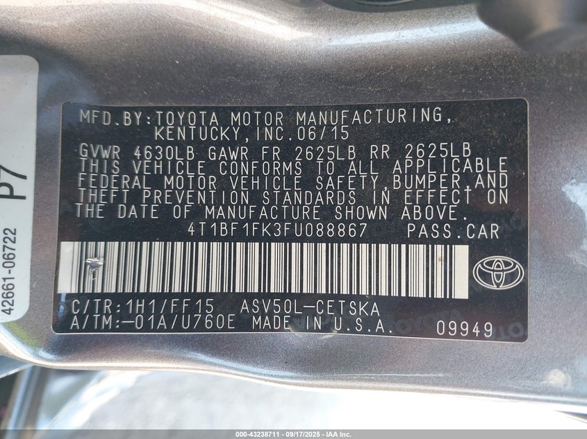 2015 Toyota Camry Se VIN: 4T1BF1FK3FU088867 Lot: 43238711