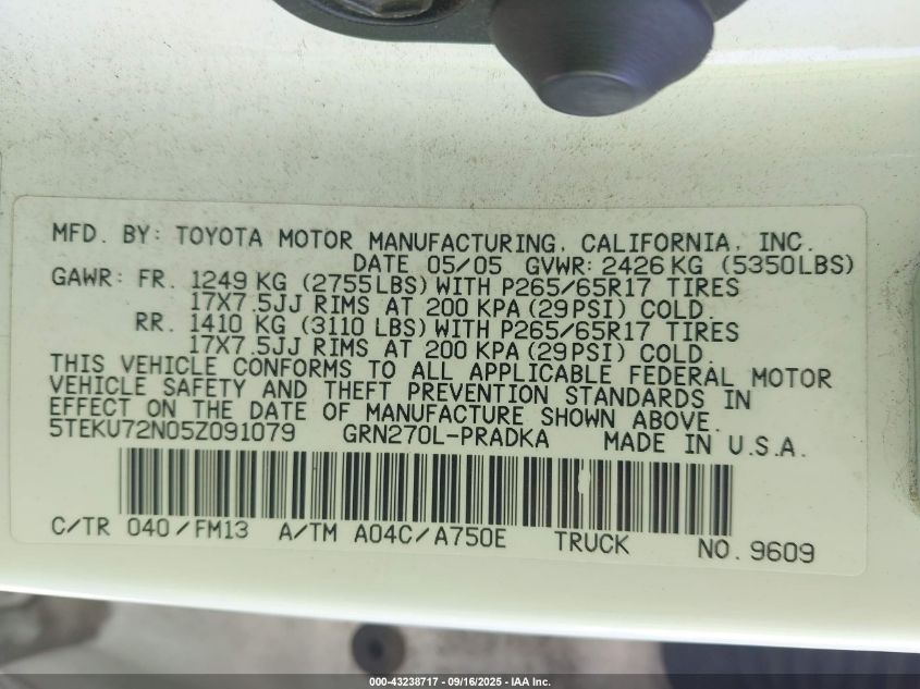 2005 Toyota Tacoma Prerunner V6 VIN: 5TEKU72N05Z091079 Lot: 43238717