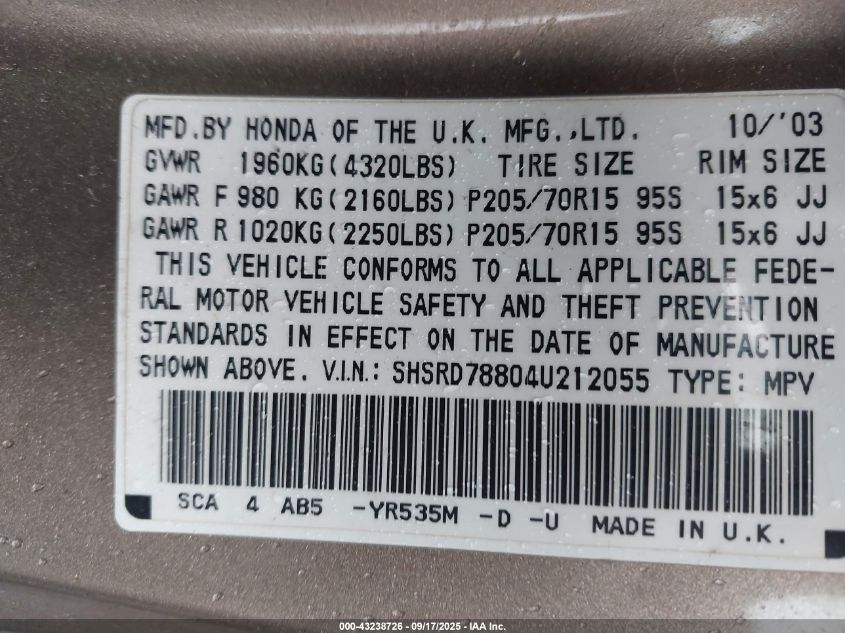 2004 Honda Cr-V Ex VIN: SHSRD78804U212055 Lot: 43238726