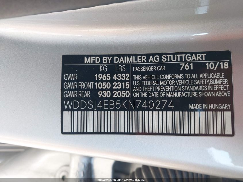 2019 Mercedes-Benz Cla 250 VIN: WDDSJ4EB5KN740274 Lot: 43238736