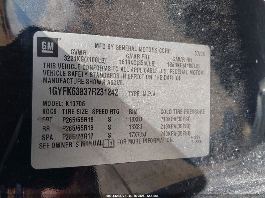 2007 Cadillac Escalade Standard VIN: 1GYFK63837R231242 Lot: 43238778