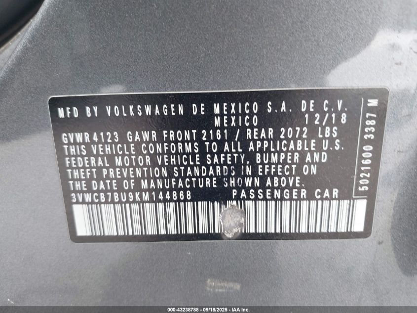 2019 Volkswagen Jetta 1.4T R-Line/1.4T S/1.4T Se VIN: 3VWCB7BU9KM144868 Lot: 43238788