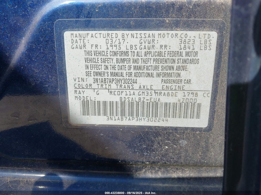 2017 NISSAN SENTRA S - 3N1AB7AP3HY302244