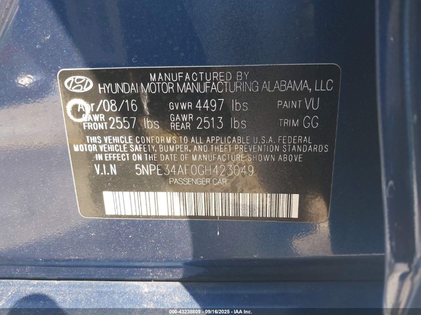 2016 Hyundai Sonata Sport VIN: 5NPE34AF0GH423049 Lot: 43238809