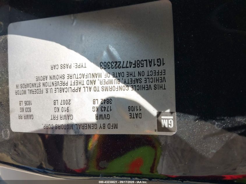 2007 Chevrolet Cobalt Lt VIN: 1G1AL58F477223363 Lot: 43238821