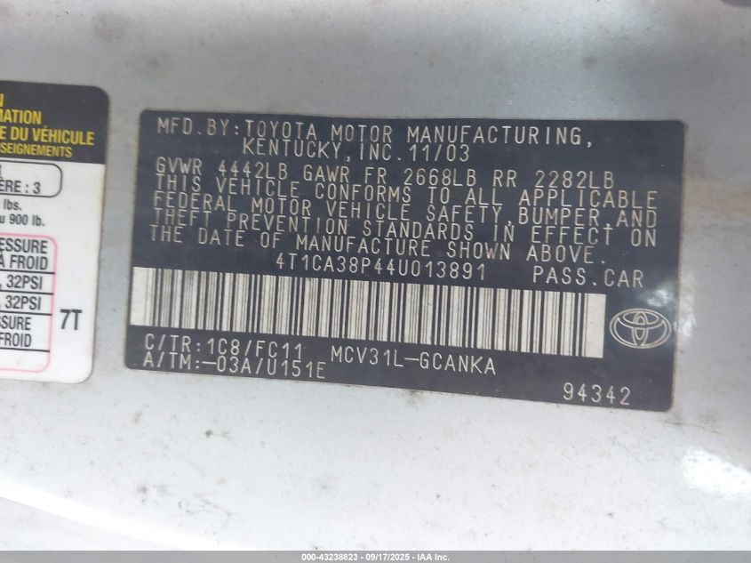 2004 Toyota Camry Solara Se Sport V6 VIN: 4T1CA38P44U013891 Lot: 43238823