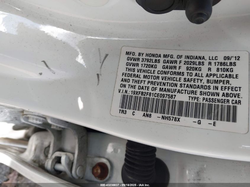 2012 Honda Civic Ex VIN: 19XFB2F81CE097587 Lot: 43238837