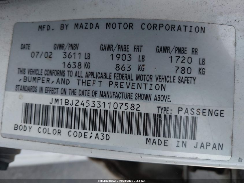 2003 Mazda Protege5 VIN: JM1BJ245331107582 Lot: 43238840