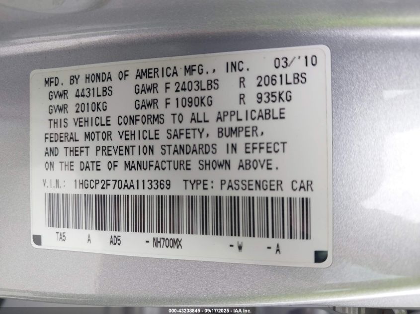 2010 Honda Accord 2.4 Ex VIN: 1HGCP2F70AA113369 Lot: 43238845