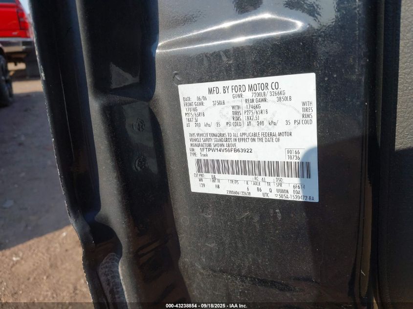 2006 Ford F-150 Fx4/Lariat/Xlt VIN: 1FTPW14V56FB63922 Lot: 43238854