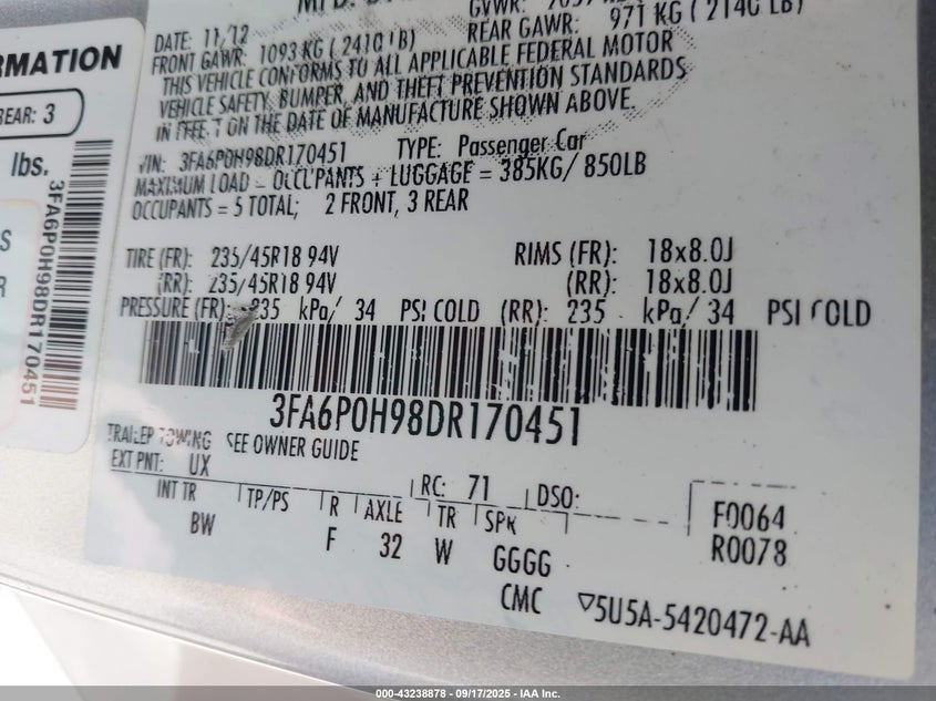 2013 FORD FUSION SE - 3FA6P0H98DR170451