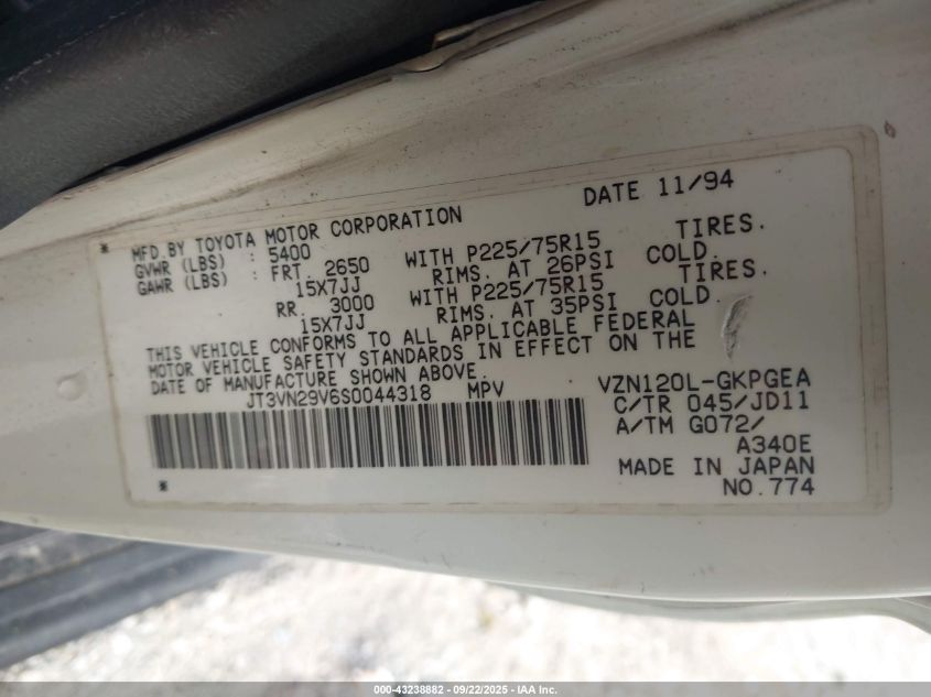 1995 Toyota 4Runner Vn29 Sr5 VIN: JT3VN29V6S0044318 Lot: 43238882