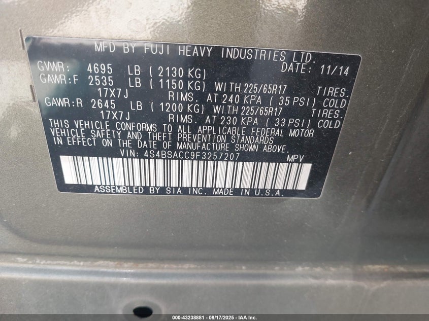 2015 SUBARU OUTBACK 2.5I PREMIUM - 4S4BSACC9F3257207